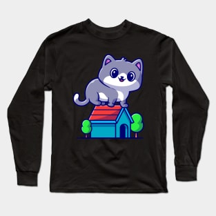 Cute Cat Sitting On House Cartoon Long Sleeve T-Shirt